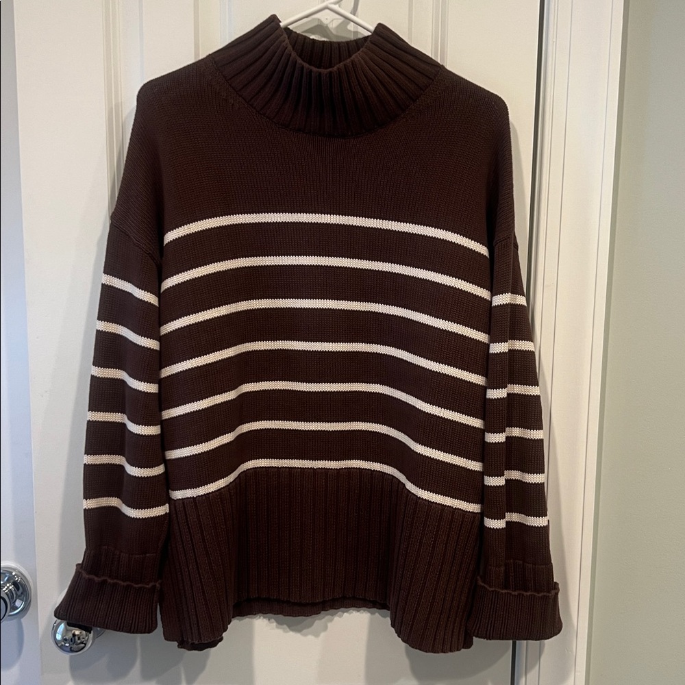 NWOT Gap Small Oversized 24/7 Split-Hem Mockneck Sweater Brown Striped Rib Trim - Picture 5 of 8